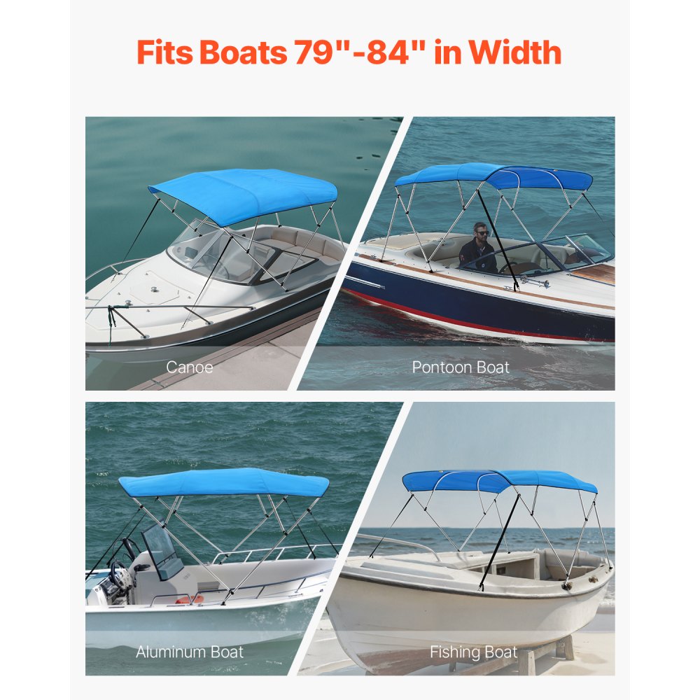 VEVOR 4 Bow Boat Bimini Tops, 600D Polyester Canopy with Aluminum Alloy Frame, Waterproof & Sun Shade Boat Awning Canopy with Storage Bag, 2 Support Poles, 4 Straps, 96"Lx(79"-84")Wx54"H, Pacific Blue