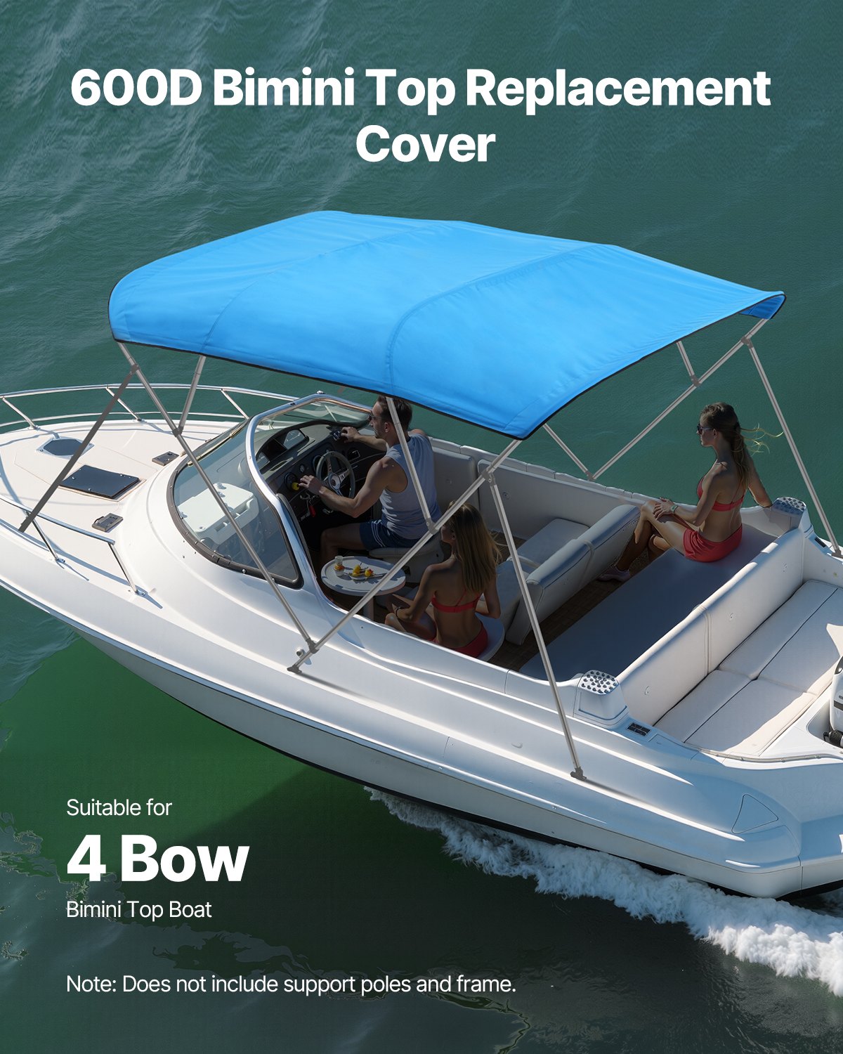 VEVOR 4 Bow Boat Bimini Tops, 600D Polyester Canopy, Waterproof & Sun Protection Boat Awning Canopy with Storage Bag, Bimini Top Replacement, 96"Lx(91"-96")W, Pacific Blue (Support Frame Not Included)
