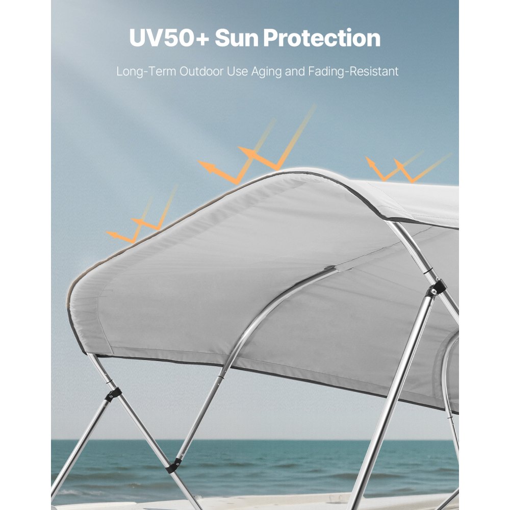 VEVOR 4 Bow Boat Bimini Tops, 600D Polyester Canopy, Waterproof & Sun Protection Boat Awning Canopy with Storage Bag, Bimini Top Replacement, 96"Lx(91"-96")W, Light Grey (Support Frame Not Included)