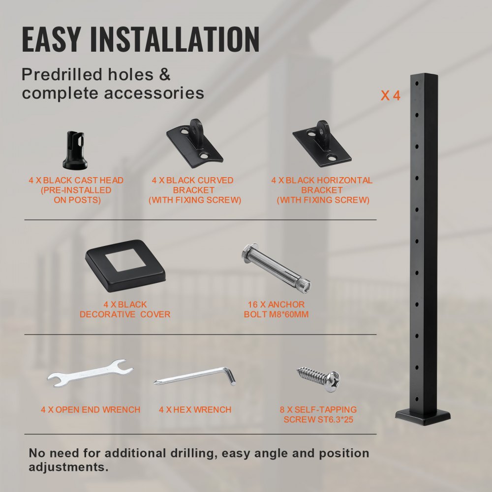 VEVOR 4-Pack Cable Railing Post, 36" x 2" x 2" Steel Horizontal Hole Deck Railing Post, 11 Pre-Drilled Holes, SUS304 Stainless Steel Cable Rail Post with Horizontal and Curved 4JZLGZ91455HP1B3MV0