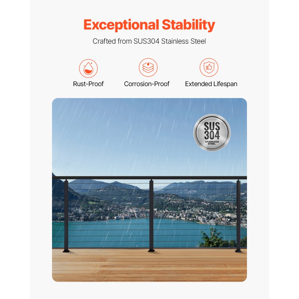 VEVOR 4-Pack Cable Railing Post, 42x1x2 In Horizontal-Hole Deck Railing Post with Pre-Drilled Holes, Stainless Steel Cable Rail Post with Horizontal and Curved Bracket, Black, 4JZLGZXHS106REP67001V0