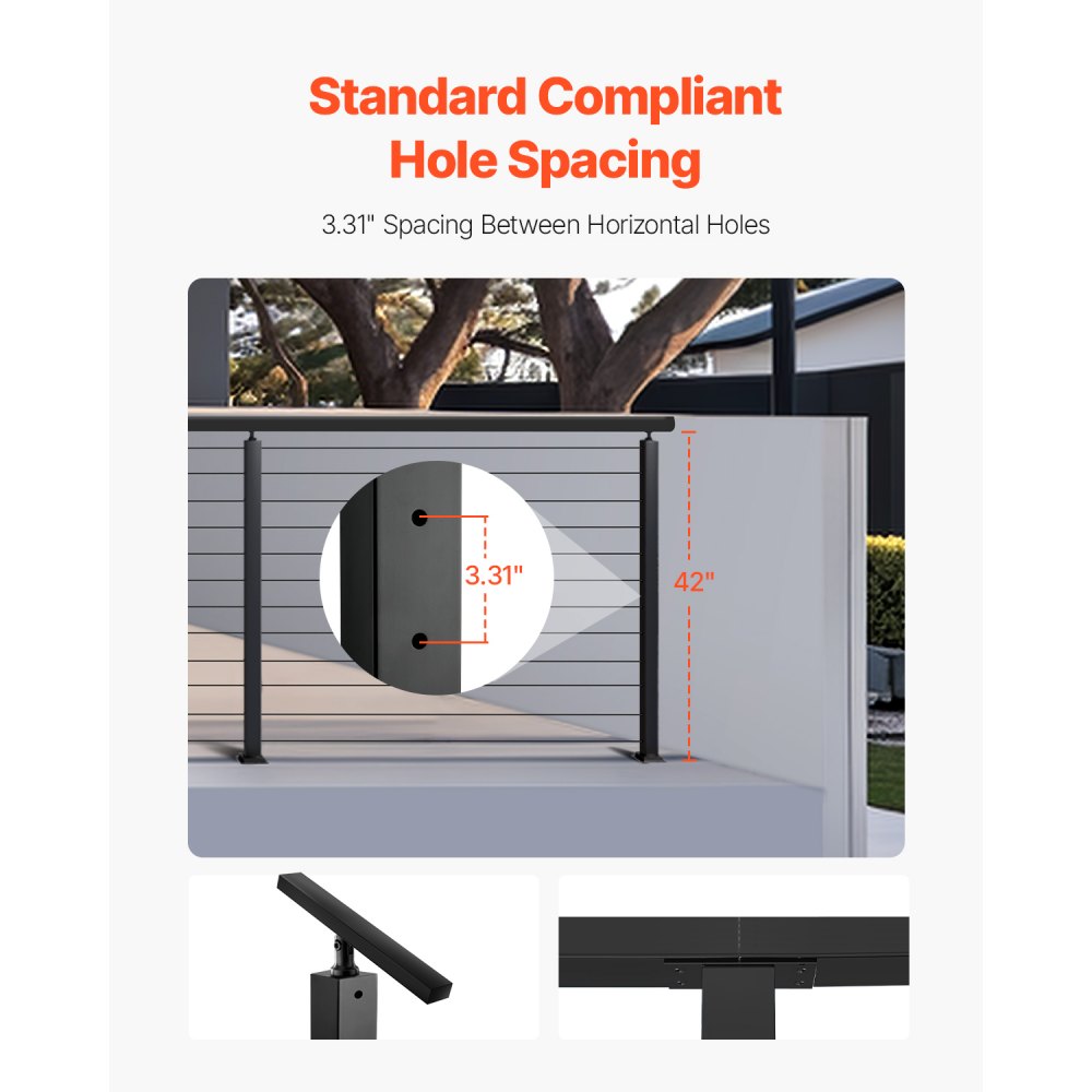 VEVOR 4-Pack Cable Railing Post, 42x1x2 In Horizontal-Hole Deck Railing Post with Pre-Drilled Holes, Stainless Steel Cable Rail Post with Horizontal and Curved Bracket, Black, 4JZLGZXHS106REP67001V0