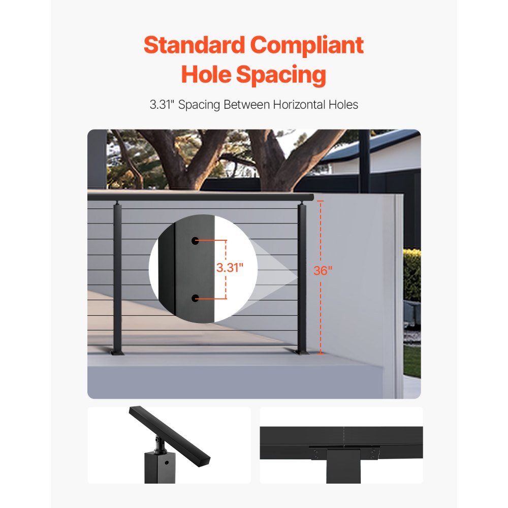 VEVOR 4-Pack Cable Railing Post, 36x1x2 In Horizontal-Hole Deck Railing Post with Pre-Drilled Holes, Stainless Steel Cable Rail Post with Horizontal and Curved Bracket, Black, 4JZLGZXHS914UUOI6001V0