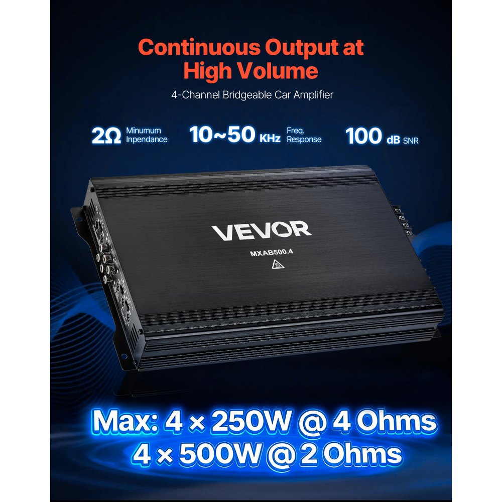 VEVOR Car Audio Amplifier, 4-Channel Bridgeable Car Amplifier, Multichannel Class AB Stereo Amp, Max. 4 x 250W at 4 Ohms / 4 x 500W at 2 Ohms, High Output, for SUVs, Pickups, and Off-Road Vehicles