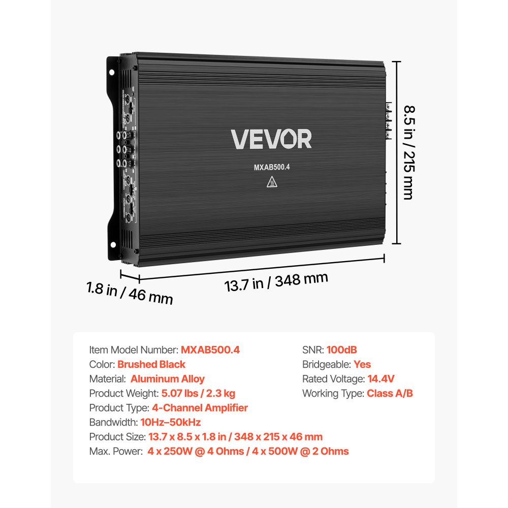 VEVOR 4-kanaals auto-versterker, klasse AB-brugversterker, max. 4 x 250 W bij 4 ohm / 4 x 500 W bij 2 ohm, krachtige versterker voor SUV's, pick-ups en terreinwagens, multi-kanaals audioversterker
