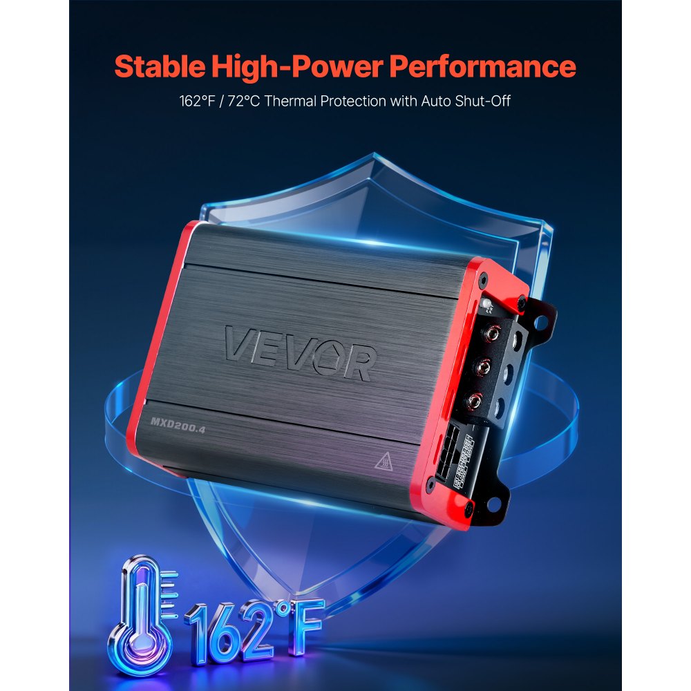 VEVOR 4-kanaals auto-versterker, klasse D brugversterker, max. 4 x 120 W bij 4 ohm / 4 x 200 W bij 2 ohm, krachtige versterker voor SUV's, pick-ups en terreinwagens, multi-kanaals audioversterker