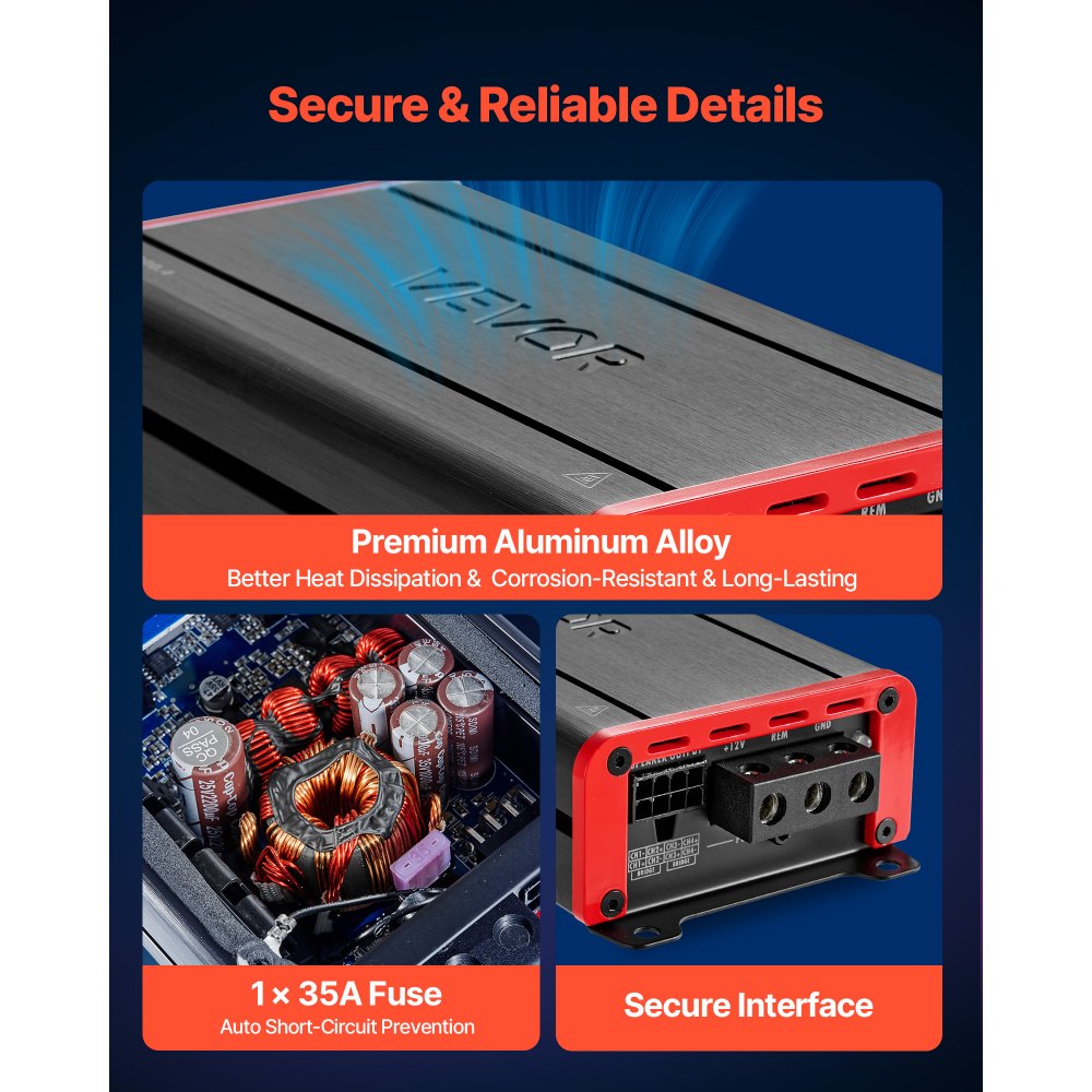 VEVOR 4-kanaals auto-versterker, klasse D brugversterker, max. 4 x 120 W bij 4 ohm / 4 x 200 W bij 2 ohm, krachtige versterker voor SUV's, pick-ups en terreinwagens, multi-kanaals audioversterker