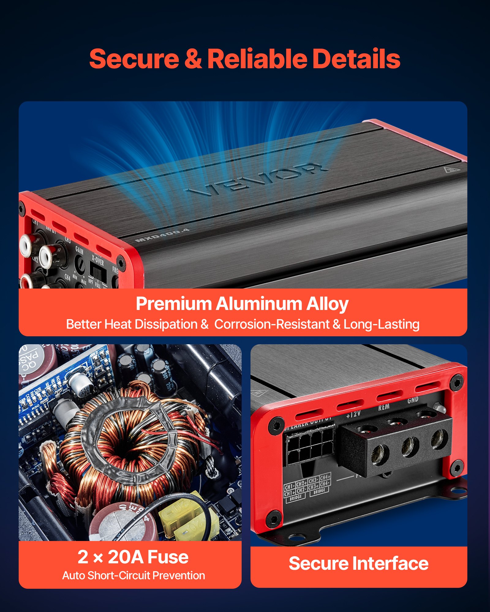 VEVOR 4-kanaals auto-versterker, klasse D brugversterker, max. 4 x 272 W bij 4 ohm / 4 x 400 W bij 2 ohm, krachtige versterker voor SUV's, pick-ups en terreinwagens, multi-kanaals audioversterker