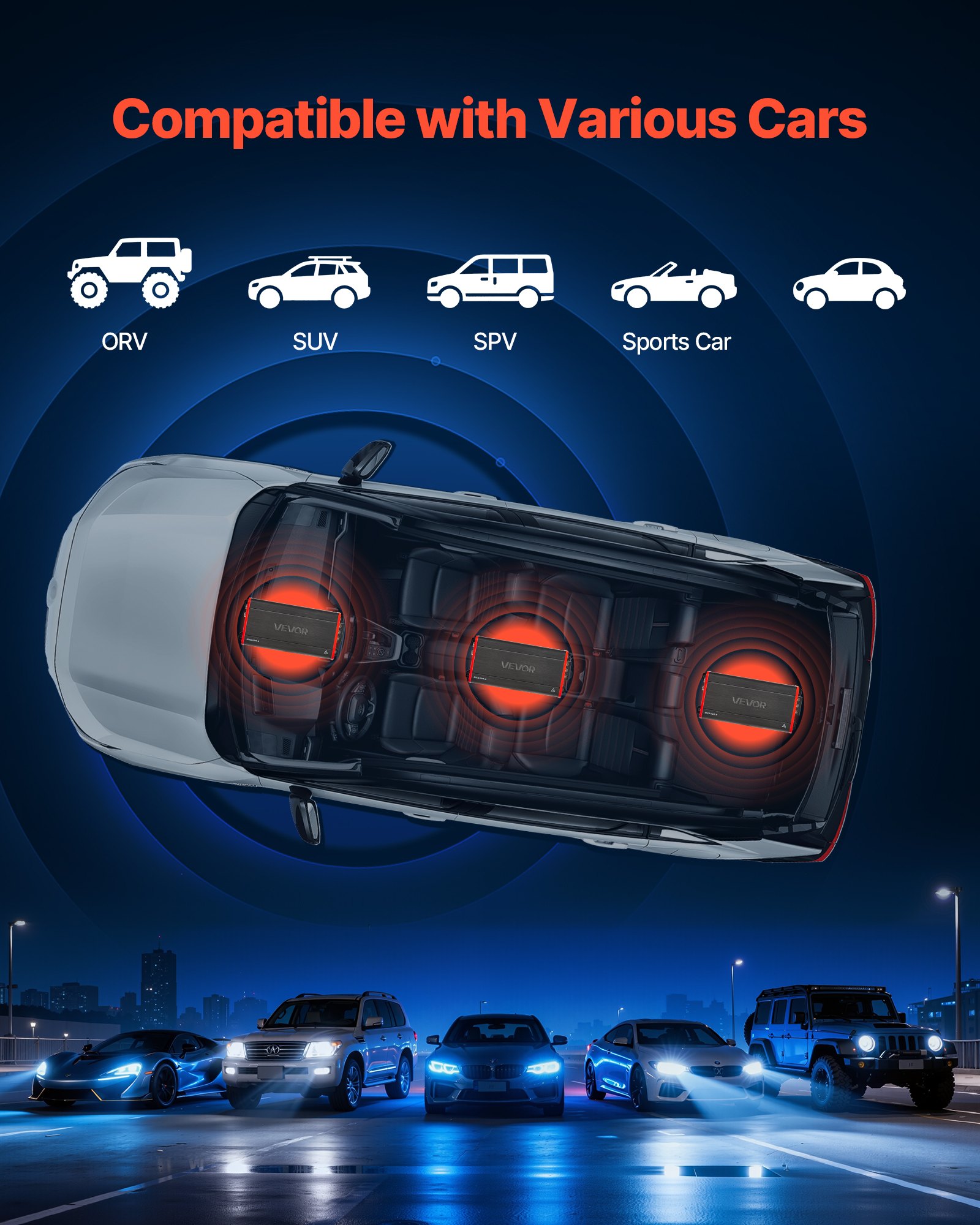 VEVOR 4-kanaals auto-versterker, klasse D brugversterker, max. 4 x 272 W bij 4 ohm / 4 x 400 W bij 2 ohm, krachtige versterker voor SUV's, pick-ups en terreinwagens, multi-kanaals audioversterker