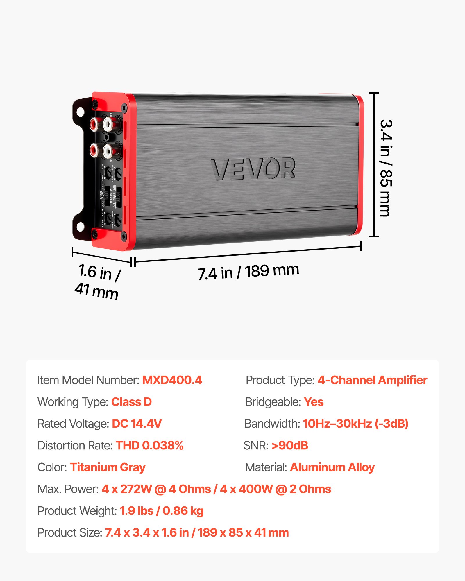 VEVOR 4-kanaals auto-versterker, klasse D brugversterker, max. 4 x 272 W bij 4 ohm / 4 x 400 W bij 2 ohm, krachtige versterker voor SUV's, pick-ups en terreinwagens, multi-kanaals audioversterker