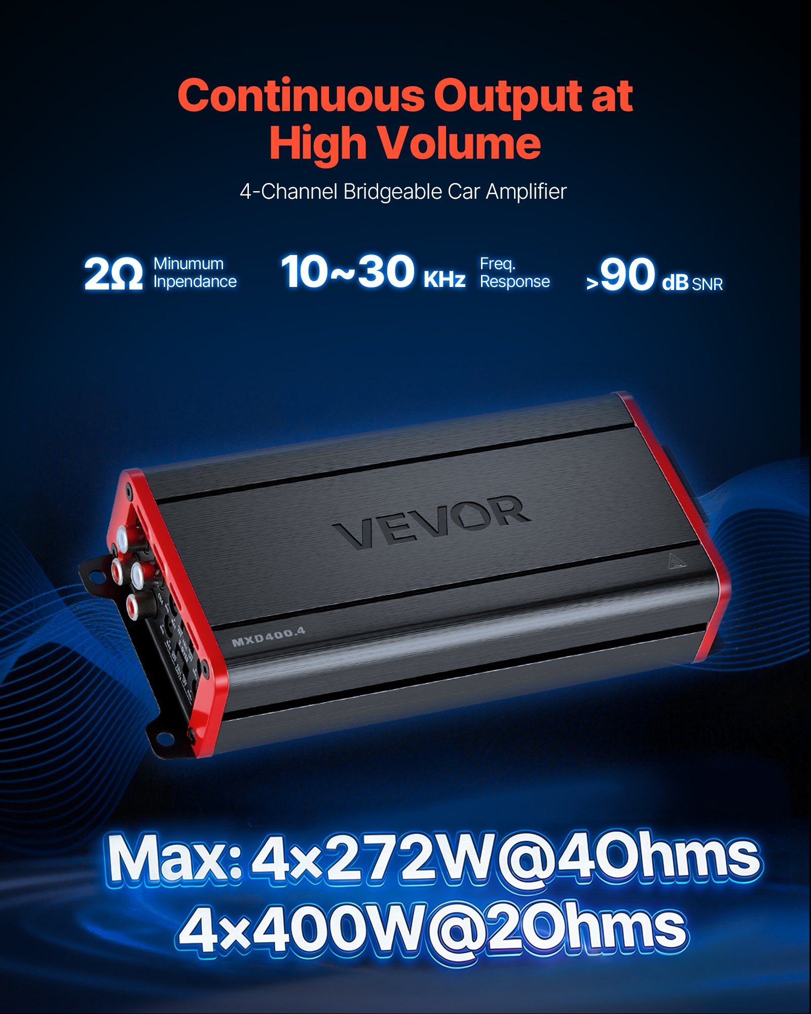 VEVOR 4-kanaals auto-versterker, klasse D brugversterker, max. 4 x 272 W bij 4 ohm / 4 x 400 W bij 2 ohm, krachtige versterker voor SUV's, pick-ups en terreinwagens, multi-kanaals audioversterker