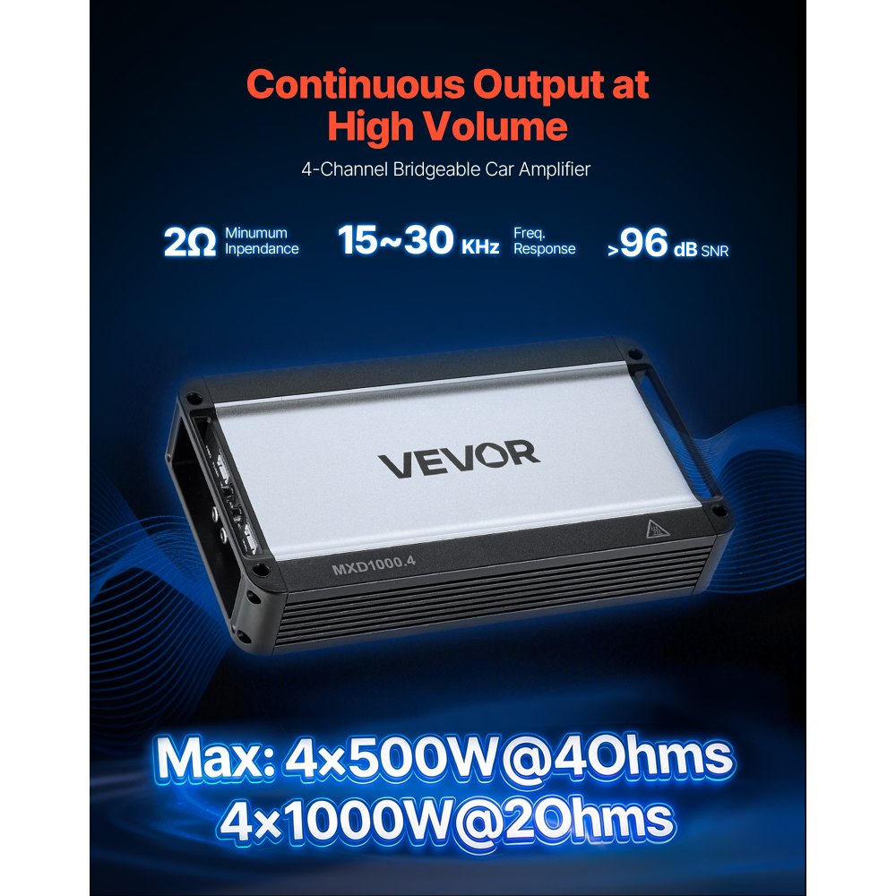 VEVOR 4-kanaals auto-versterker, klasse D brugversterker, max. 4 x 500 W bij 4 ohm / 4 x 1000 W bij 2 ohm, krachtige versterker voor SUV's, pick-ups en terreinwagens, multi-kanaals audioversterker