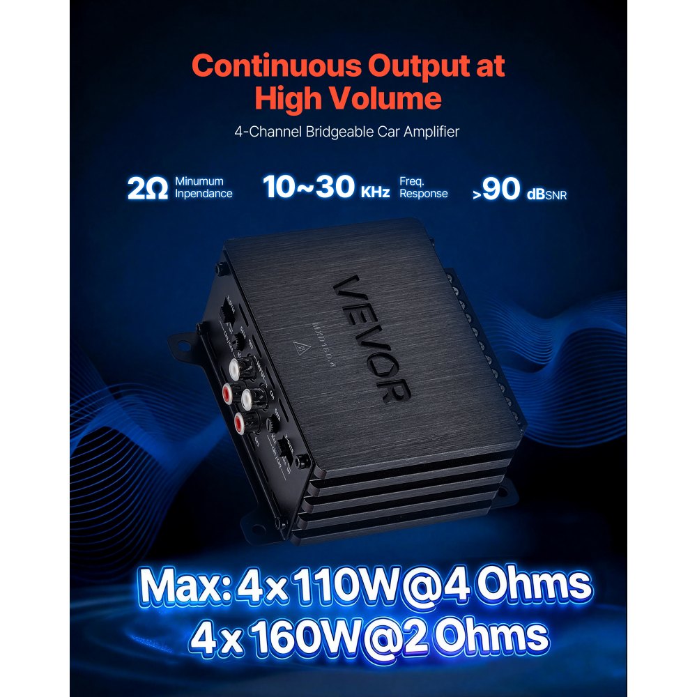 VEVOR 4-kanaals auto-versterker, klasse D brugversterker, max. 4 x 110 W bij 4 ohm / 4 x 160 W bij 2 ohm, krachtige versterker voor SUV's, pick-ups en terreinwagens, multi-kanaals audioversterker