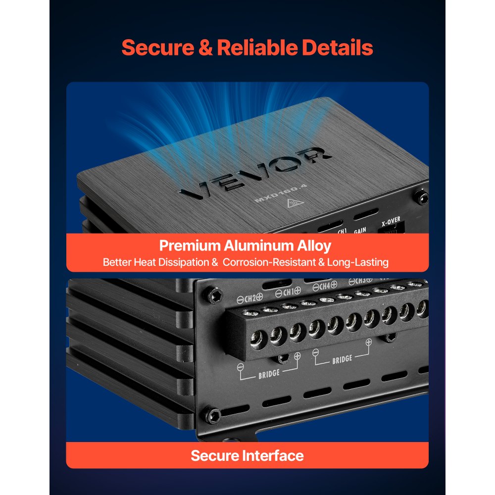 VEVOR Car Audio Amplifier, 4-Channel Bridgeable Car Amplifier, Multichannel Class D Stereo Amp, Max. 4 x 110W at 4 Ohms / 4 x 160W at 2 Ohms, High Output, for SUVs, Pickups, and Off-Road Vehicles