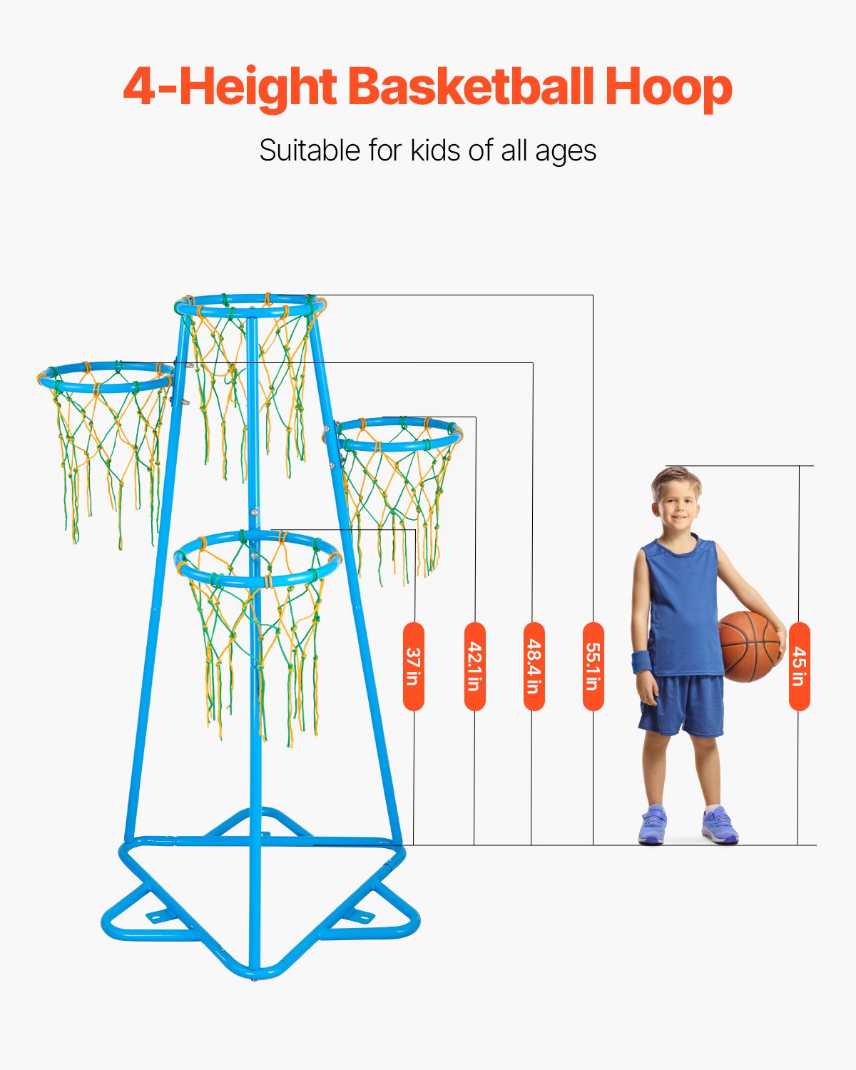 VEVOR basketbalring voor kinderen, basketbalring met 4 baskets voor kinderen, draagbare basketbalstandaard met verstelbare hoogte en 3 ballen, basketbalspeelset voor kinderen van alle leeftijden, jongens en meisjes