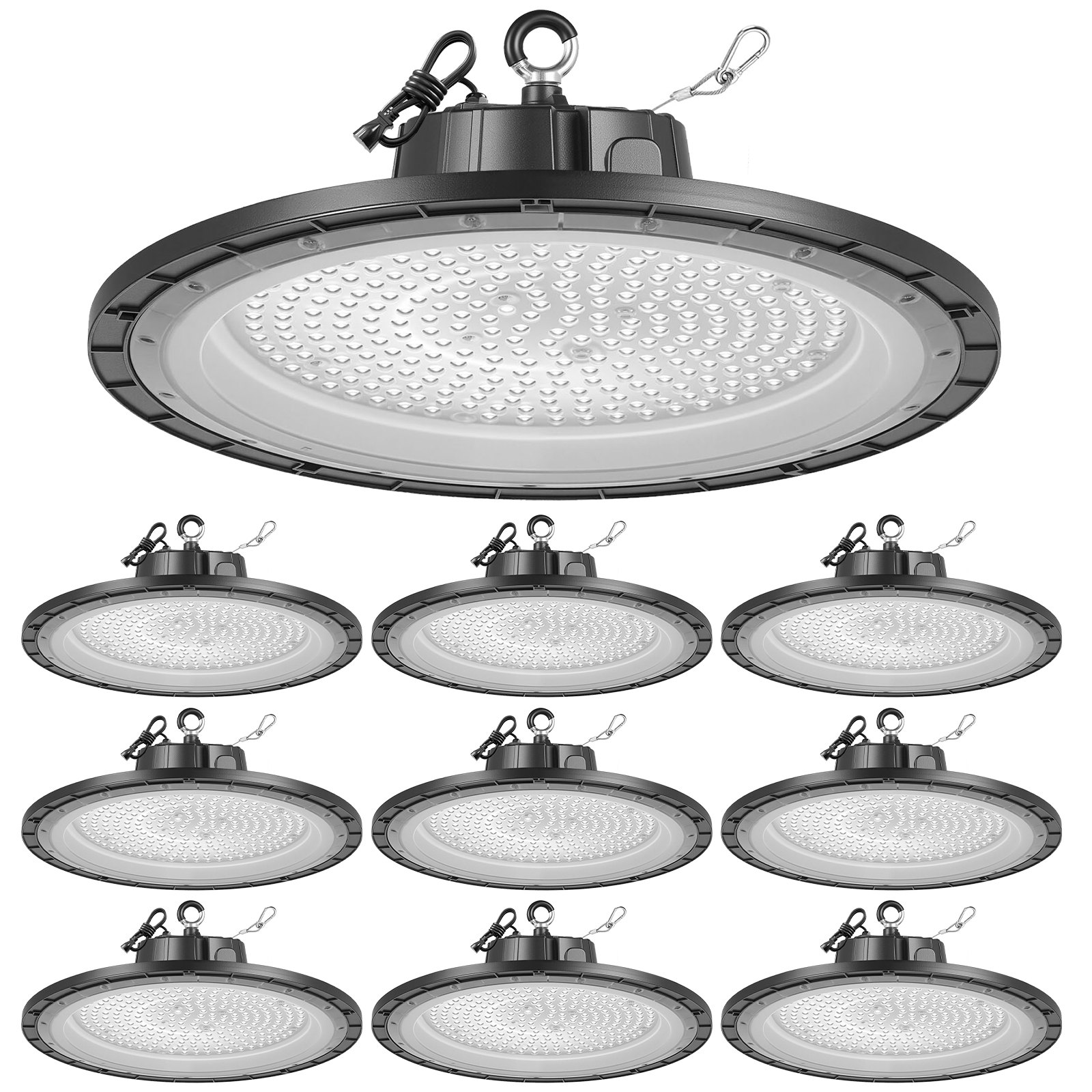 VEVOR 10-pack LED-hoogbouwlampen, 5000 K, 200 W, 30000 lm, UFO LED-halverlichting, IP65 waterdicht, 100–277 V breed spanningsbereik voor magazijnen, werkplaatsen, fabrieken, sportscholen, garages en schuren.