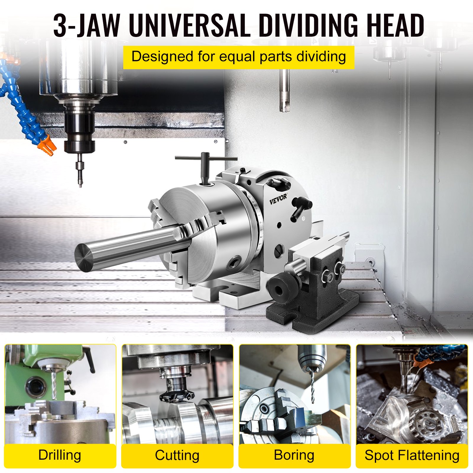 VEVOR verdeelkop met MT2 spankop, draaitafel met indexering, centerhoogte 101,6 mm, 23 kg verdeelkop, draaitafel met platen, stevige ondersteuning voor het werkstuk