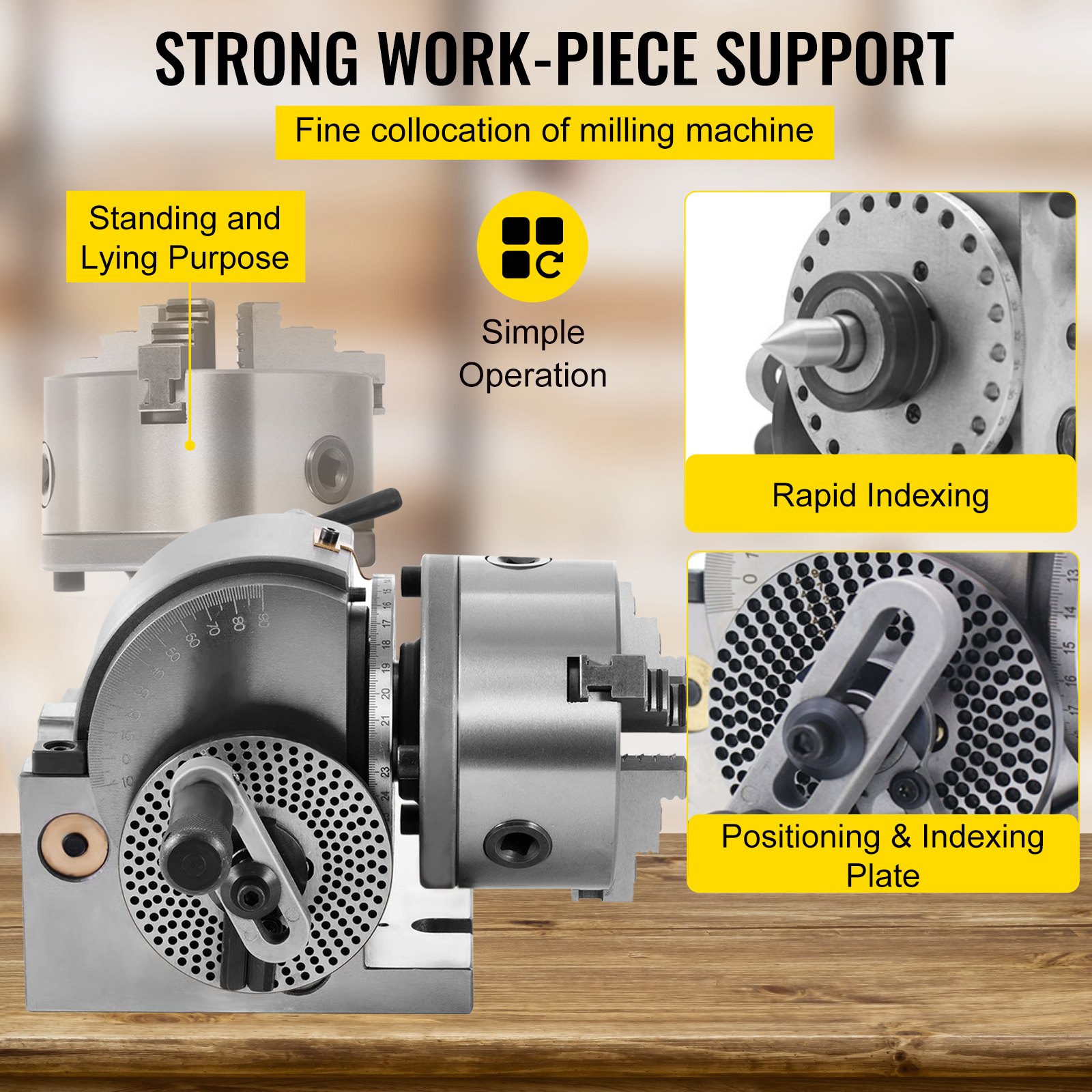 VEVOR verdeelkop met MT2 spankop, draaitafel met indexering, centerhoogte 101,6 mm, 23 kg verdeelkop, draaitafel met platen, stevige ondersteuning voor het werkstuk