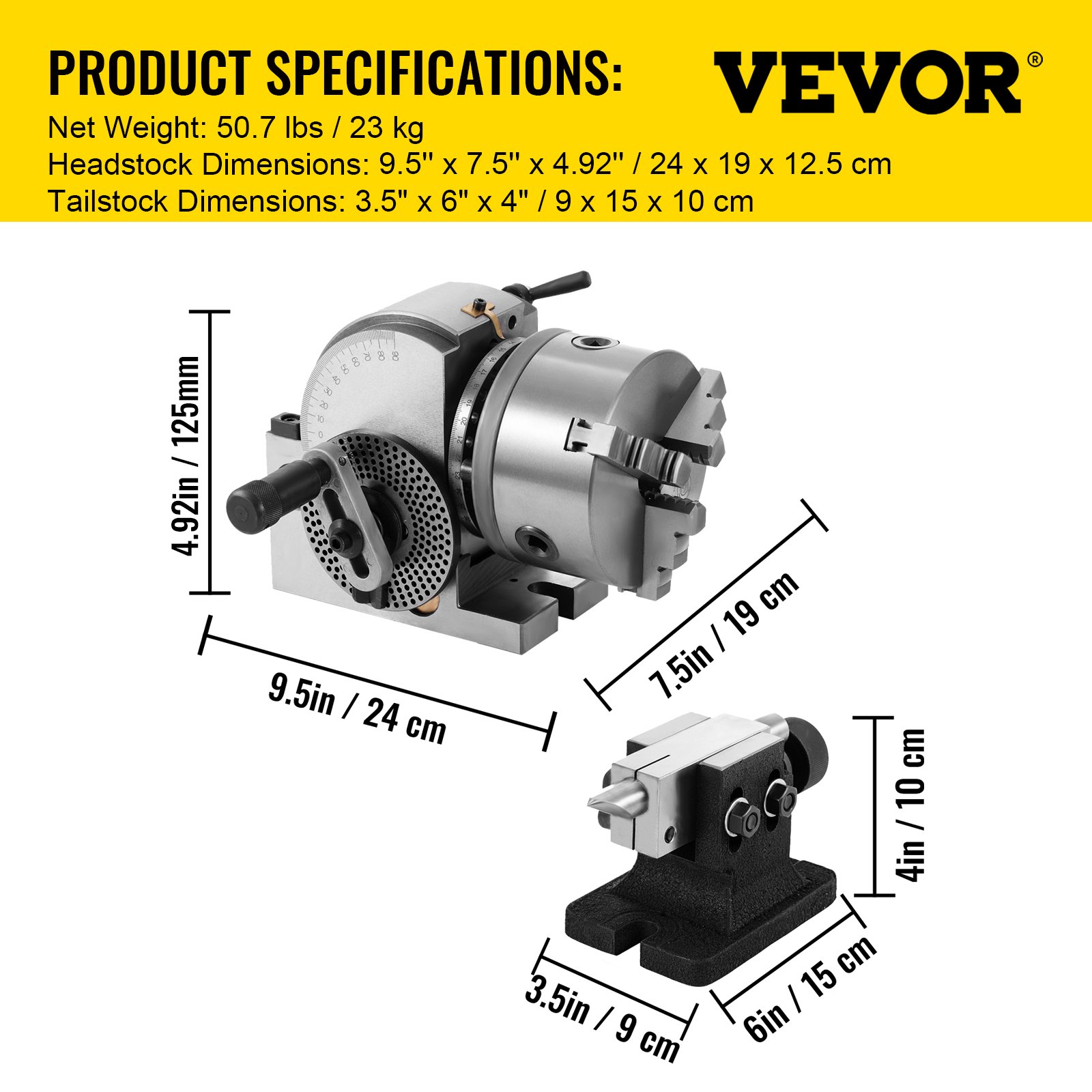 VEVOR verdeelkop met MT2 spankop, draaitafel met indexering, centerhoogte 101,6 mm, 23 kg verdeelkop, draaitafel met platen, stevige ondersteuning voor het werkstuk