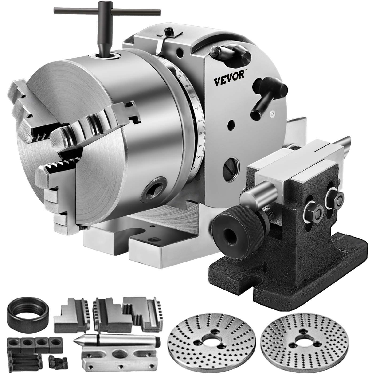 VEVOR verdeelkop met MT2 spankop, draaitafel met indexering, centerhoogte 101,6 mm, 23 kg verdeelkop, draaitafel met platen, stevige ondersteuning voor het werkstuk