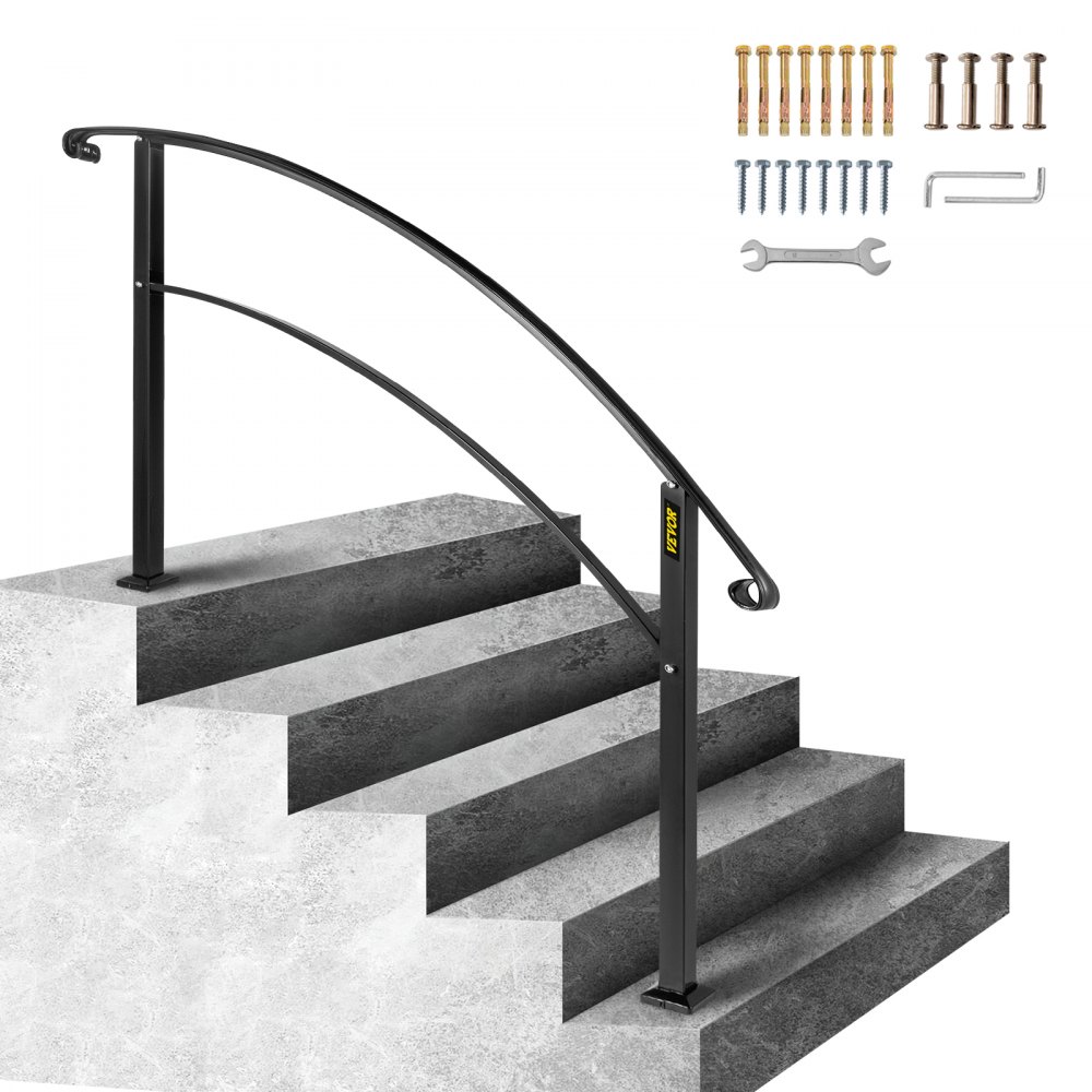 VEVOR outdoor handrails installed on gray concrete stairs with assembly tools.