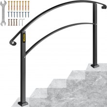 BuoQua 5FT Adjustable Handrail Fits for 4 or 5 Steps Matte Black Stair Rail Wrought Iron Handrail with Installation Kit Hand Rails for Outdoor Steps
