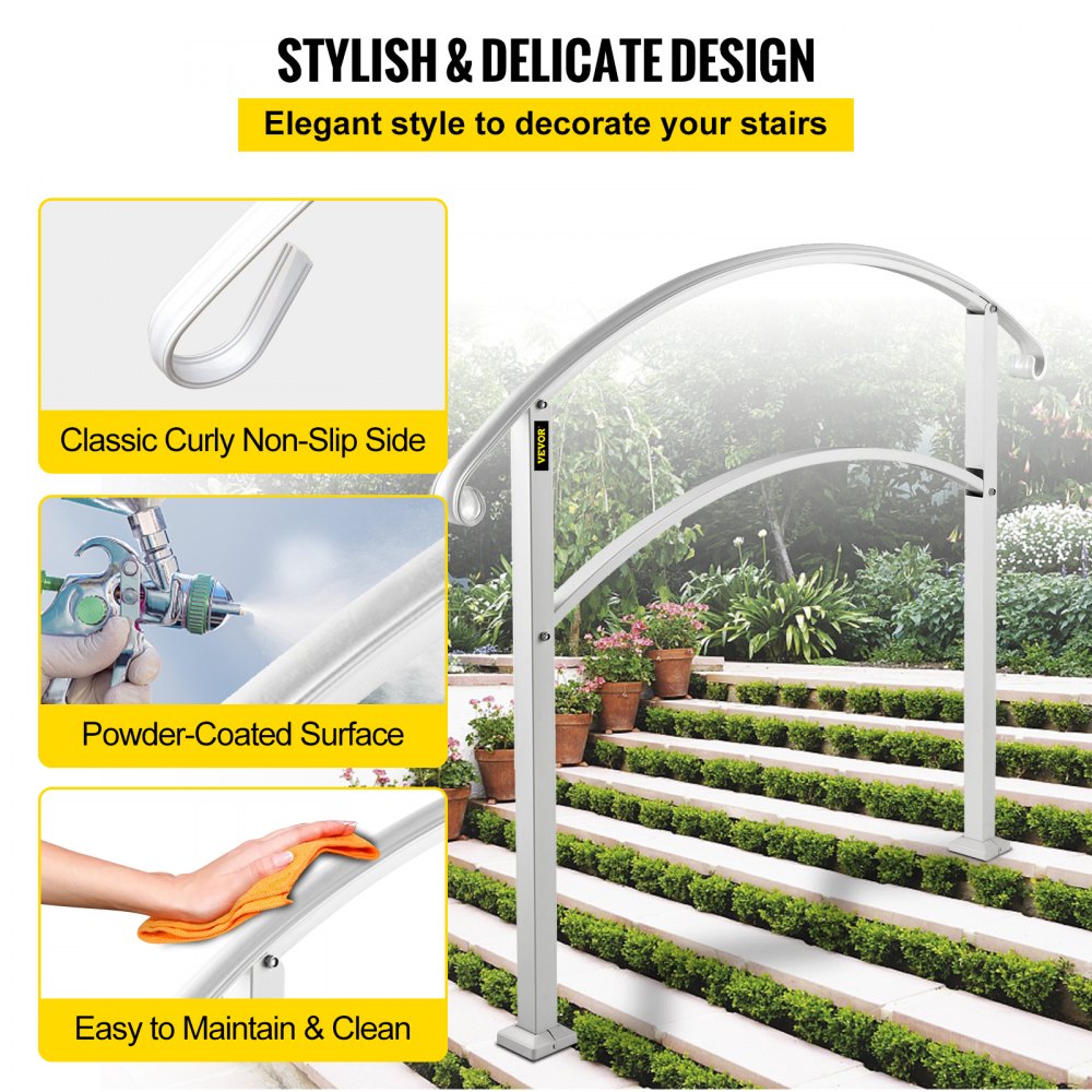 BuoQua 5FT Adjustable Handrail Fits for 4 or 5 Steps Matte White Stair Rail Wrought Iron Handrail with Installation Kit Hand Rails for Outdoor Steps