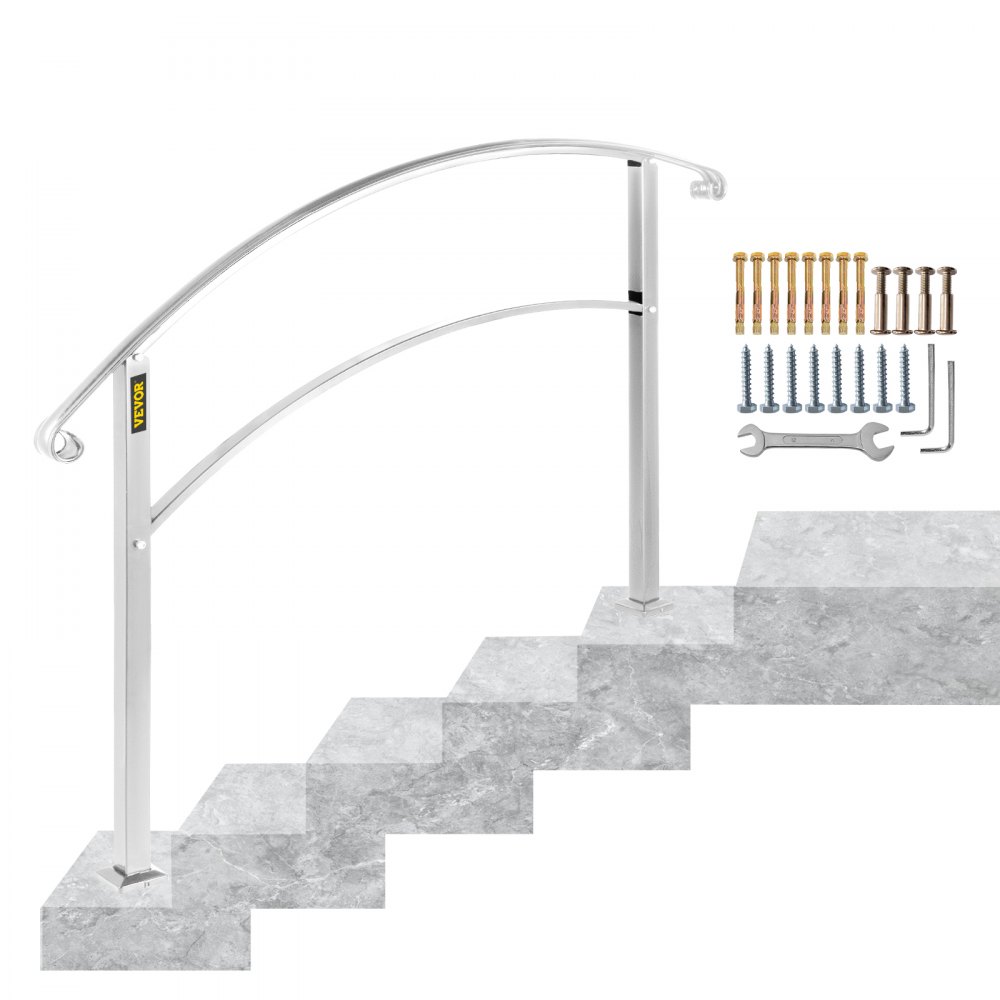 BuoQua 5FT Adjustable Handrail Fits for 4 or 5 Steps Matte White Stair Rail Wrought Iron Handrail with Installation Kit Hand Rails for Outdoor Steps
