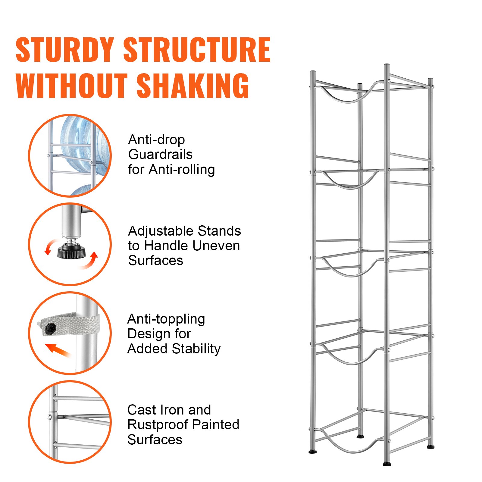 VEVOR 5 Tiers Water Jug Holder, 5 Gallon Water Bottle Holder, Single Row Water Bottle Rack for 5 Bottles, Heavy Duty Water Jug Rack for Kitchen, Office, Living Room, Silver