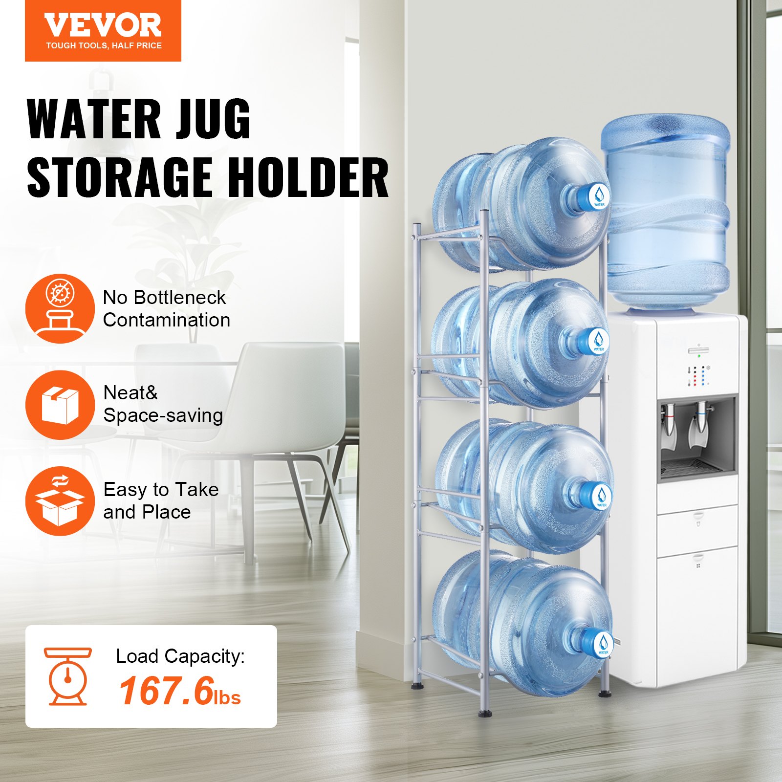 VEVOR 4 Tiers Water Jug Holder, 5 Gallon Water Bottle Holder, Single Row Water Bottle Rack for 4 Bottles, Heavy Duty Water Jug Rack for Kitchen, Office, Living Room, Silver