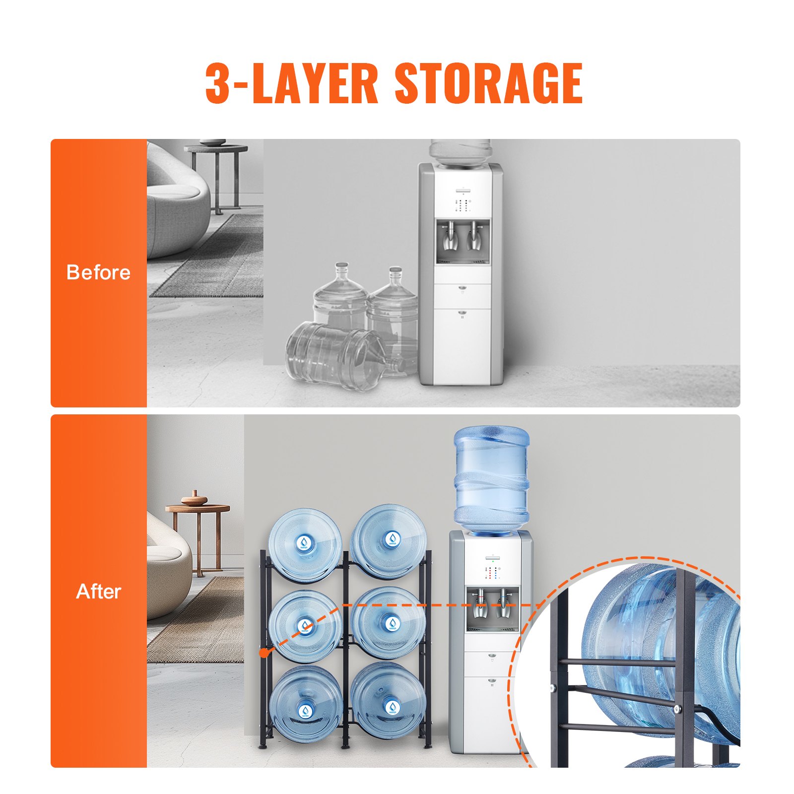 VEVOR 3 Tiers Water Jug Holder, 5 Gallon Water Bottle Holder, Double Row Water Bottle Rack for 6 Bottles, Heavy Duty Water Jug Rack for Kitchen, Office, Living Room, Black