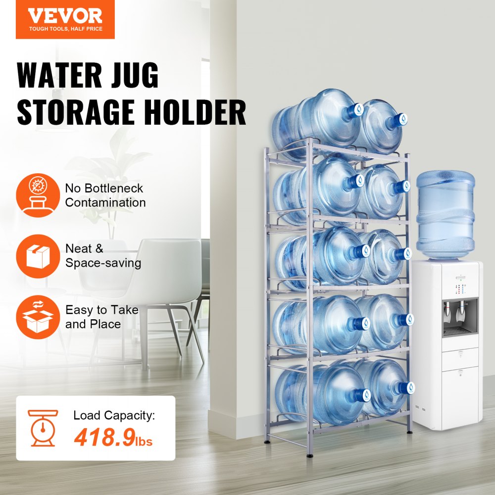VEVOR 5-laags waterkanhouder, 5-gallon waterfleshouder, dubbellaags waterflesrek voor 10 flessen, robuust waterkanrek voor keuken, kantoor, woonkamer, zilvergrijs