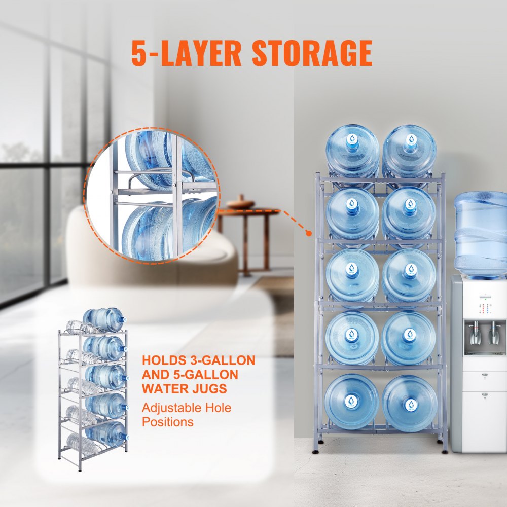 VEVOR 5-laags waterkanhouder, 5-gallon waterfleshouder, dubbellaags waterflesrek voor 10 flessen, robuust waterkanrek voor keuken, kantoor, woonkamer, zilvergrijs
