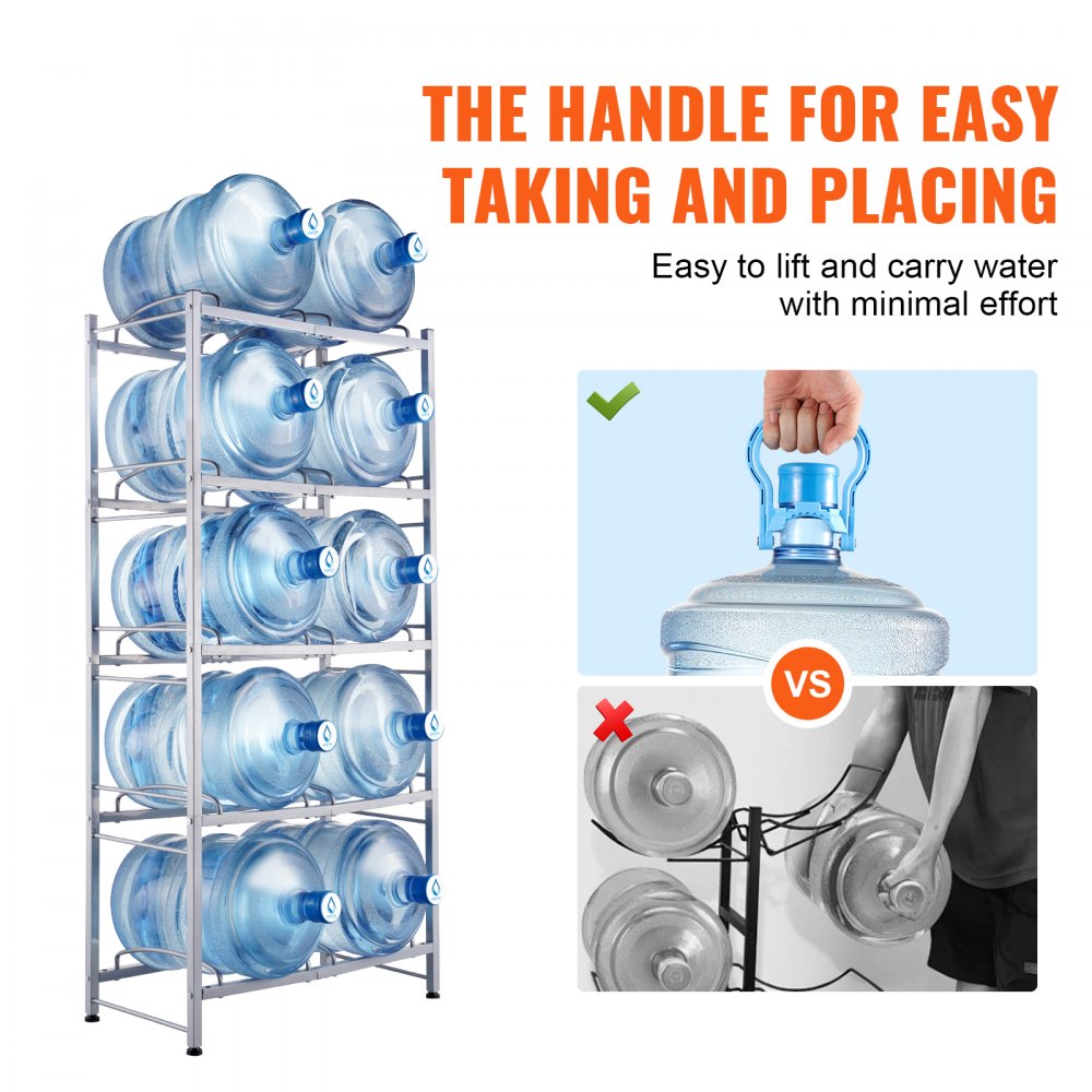 VEVOR 5-laags waterkanhouder, 5-gallon waterfleshouder, dubbellaags waterflesrek voor 10 flessen, robuust waterkanrek voor keuken, kantoor, woonkamer, zilvergrijs