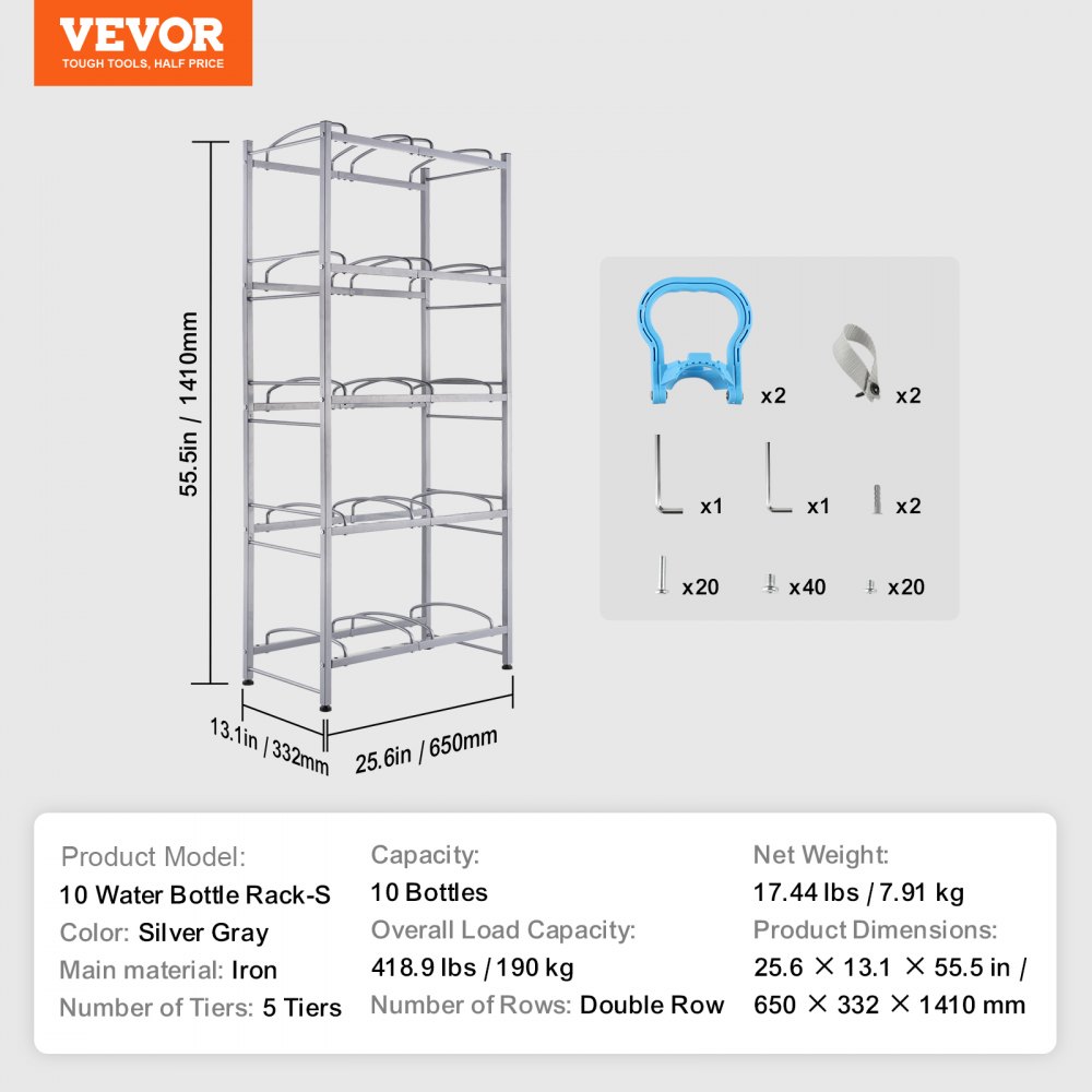 VEVOR 5-laags waterkanhouder, 5-gallon waterfleshouder, dubbellaags waterflesrek voor 10 flessen, robuust waterkanrek voor keuken, kantoor, woonkamer, zilvergrijs