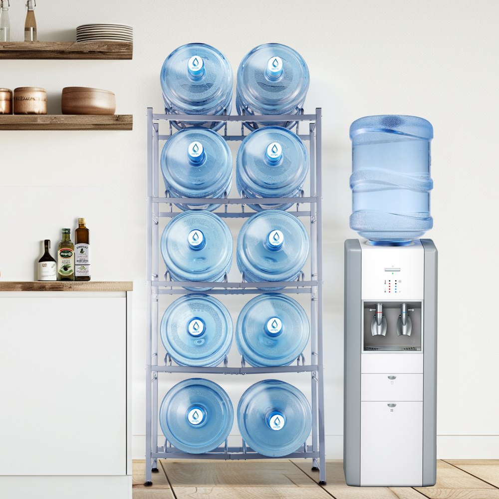 VEVOR 5-laags waterkanhouder, 5-gallon waterfleshouder, dubbellaags waterflesrek voor 10 flessen, robuust waterkanrek voor keuken, kantoor, woonkamer, zilvergrijs