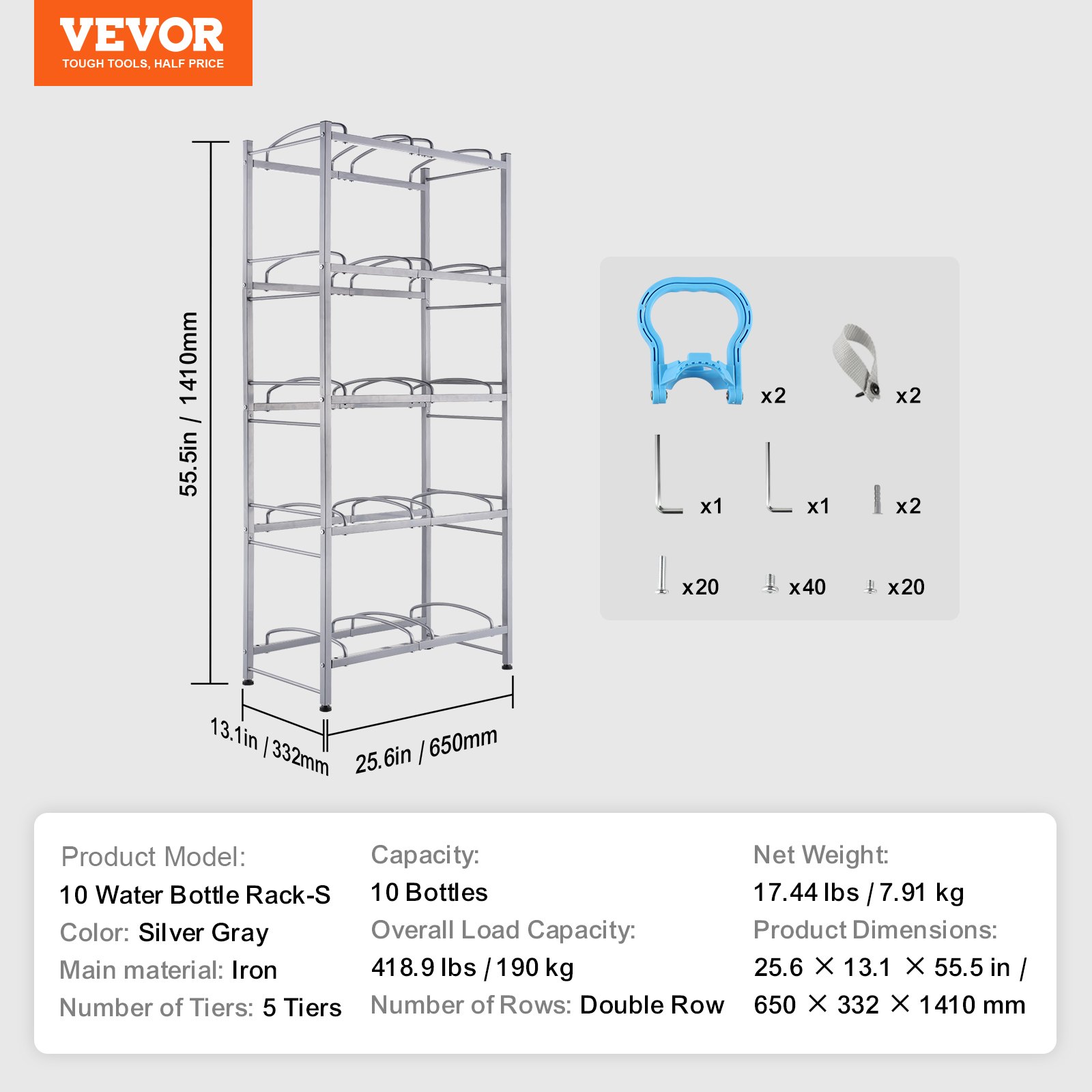 VEVOR 5-laags waterkanhouder, 5-gallon waterfleshouder, dubbellaags waterflesrek voor 10 flessen, robuust waterkanrek voor keuken, kantoor, woonkamer, zilvergrijs