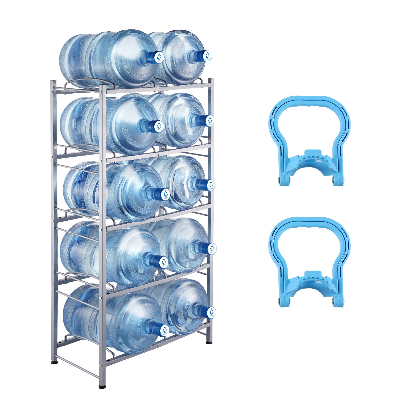 VEVOR 5-laags waterkanhouder, 5-gallon waterfleshouder, dubbellaags waterflesrek voor 10 flessen, robuust waterkanrek voor keuken, kantoor, woonkamer, zilvergrijs