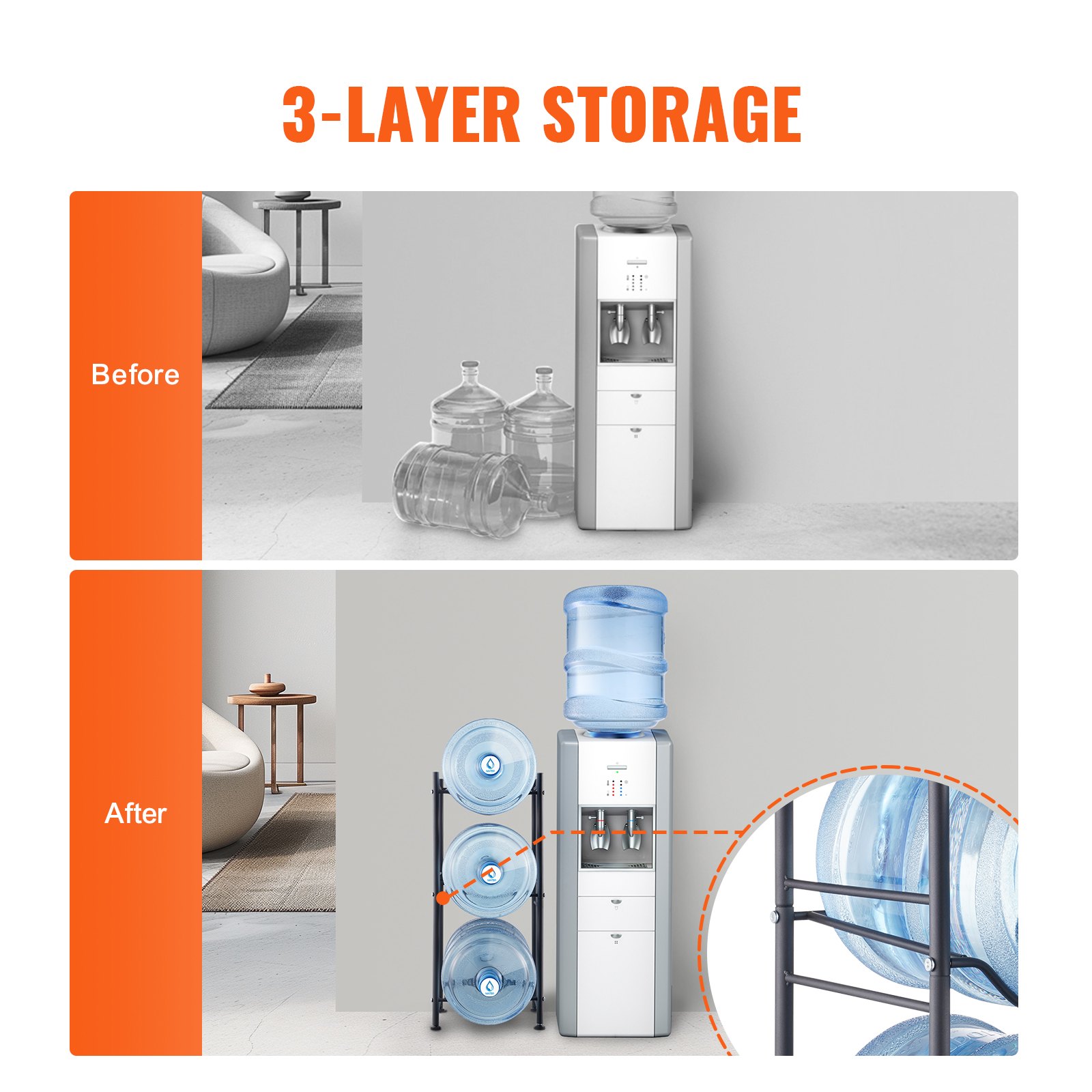 VEVOR 3-laags waterkanhouder, 5-gallon waterfleshouder, enkellaags waterflesrek voor 3 flessen, robuust waterkanrek voor keuken, kantoor, woonkamer, zwart