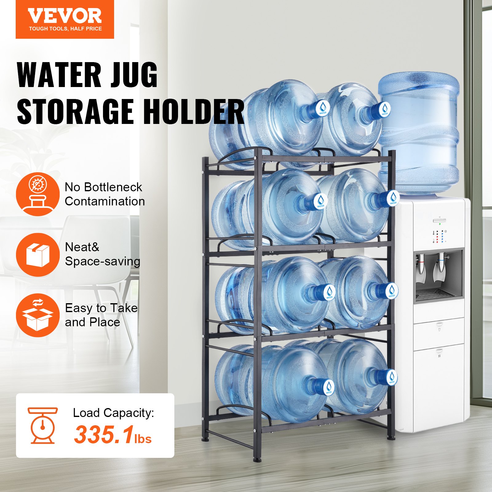 VEVOR 4-laags waterkanhouder, 5 gallon waterfleshouder, dubbellaags ijzeren waterflesrek voor 8 flessen, robuust waterkanrek waterkanhouder voor keuken, kantoor, woonkamer, zwart