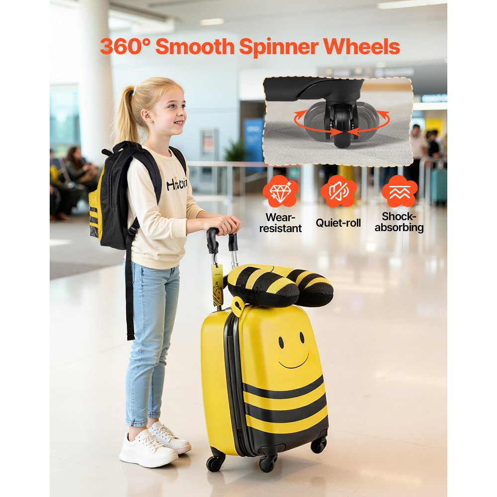 VEVOR 5-delige kofferset voor kinderen, 457,2 mm, harde koffer met kindertrolley, rugzak, nekkussen, lunchbox en bagageaccessoires, bagageset voor jongens en meisjes, praktisch voor op reis (Vliegen (Bijen))