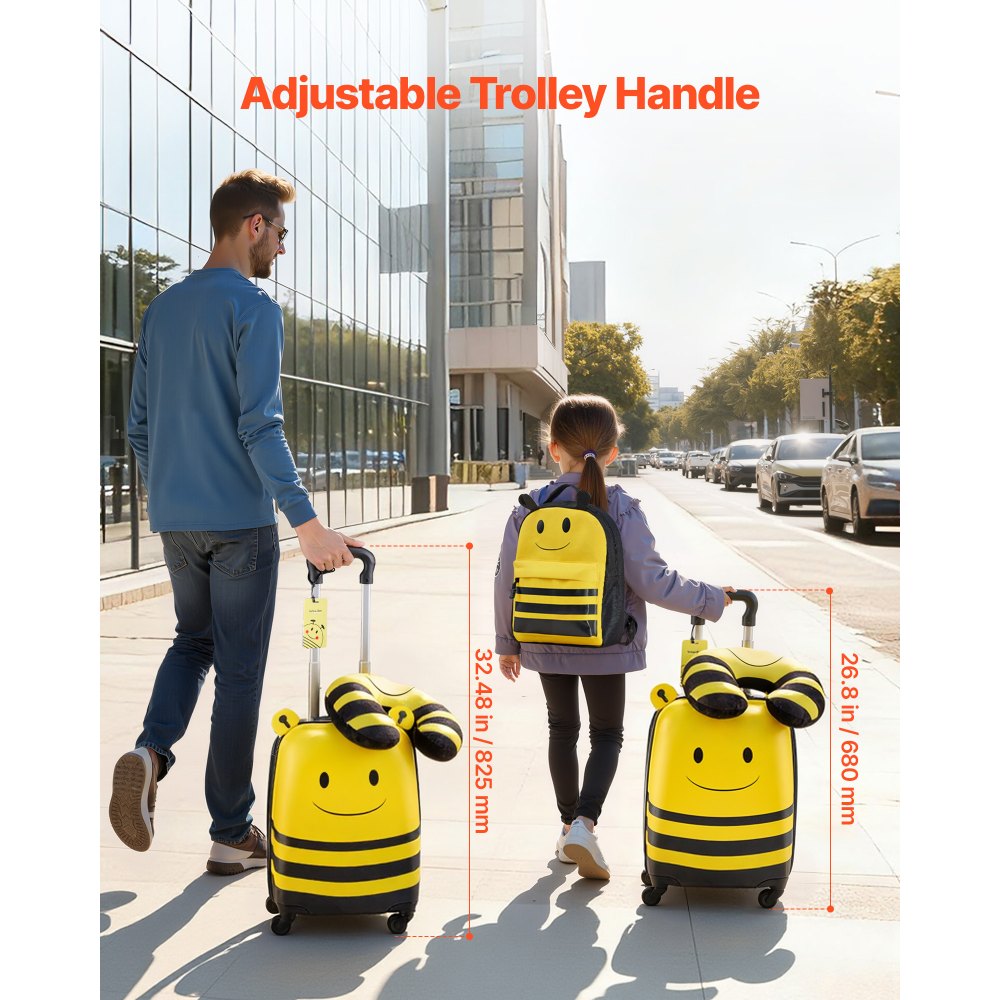VEVOR 5-delige kofferset voor kinderen, 457,2 mm, harde koffer met kindertrolley, rugzak, nekkussen, lunchbox en bagageaccessoires, bagageset voor jongens en meisjes, praktisch voor op reis (Vliegen (Bijen))