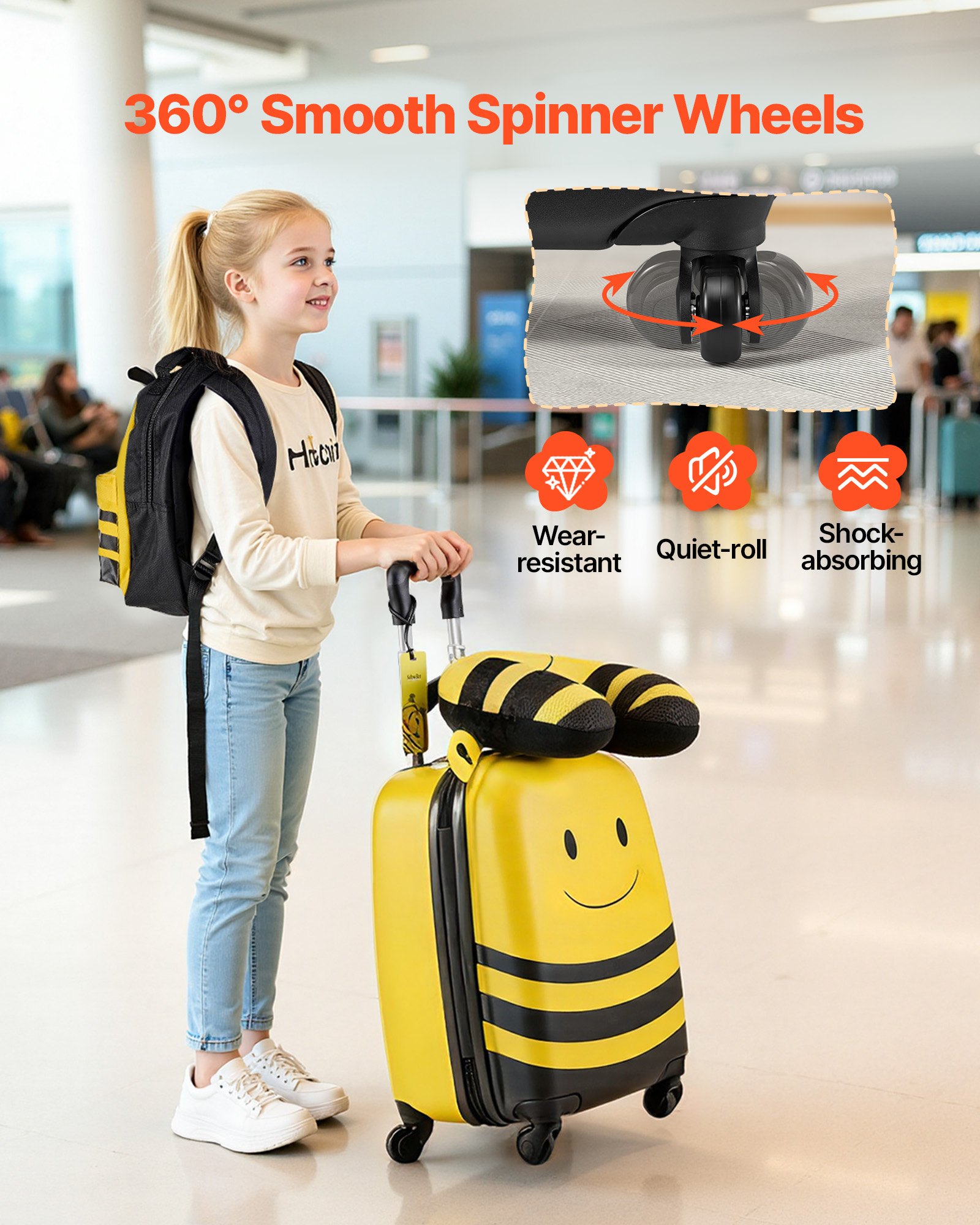 VEVOR 5-delige kofferset voor kinderen, 457,2 mm, harde koffer met kindertrolley, rugzak, nekkussen, lunchbox en bagageaccessoires, bagageset voor jongens en meisjes, praktisch voor op reis (Vliegen (Bijen))