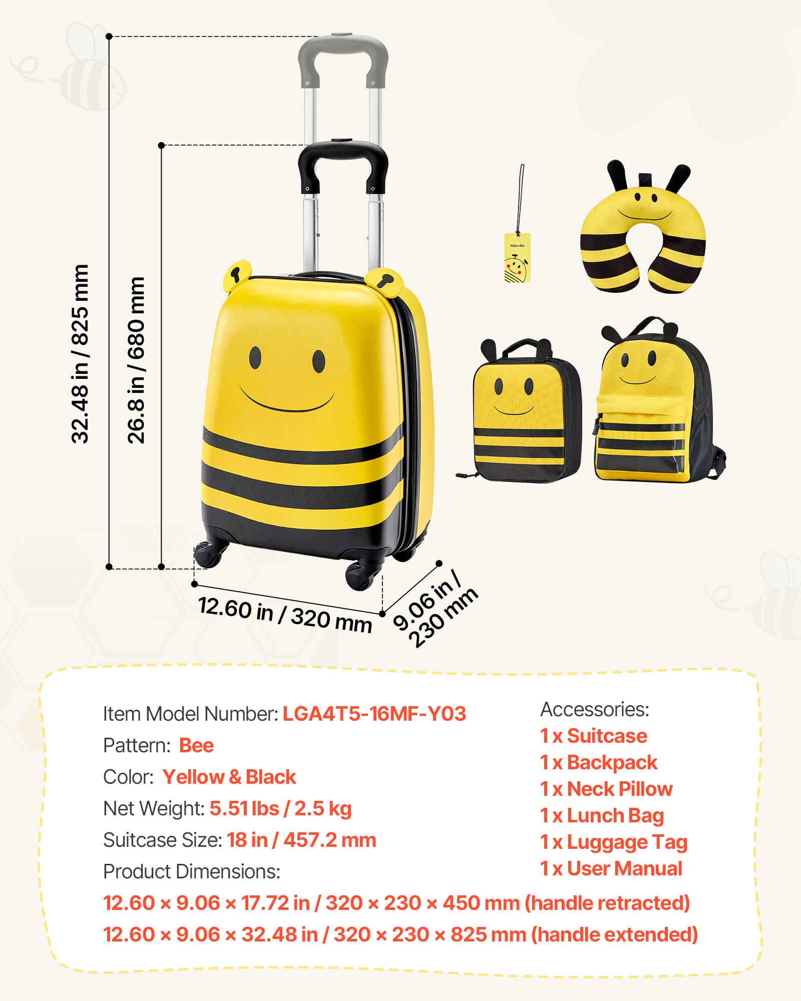 VEVOR 5-delige kofferset voor kinderen, 457,2 mm, harde koffer met kindertrolley, rugzak, nekkussen, lunchbox en bagageaccessoires, bagageset voor jongens en meisjes, praktisch voor op reis (Vliegen (Bijen))