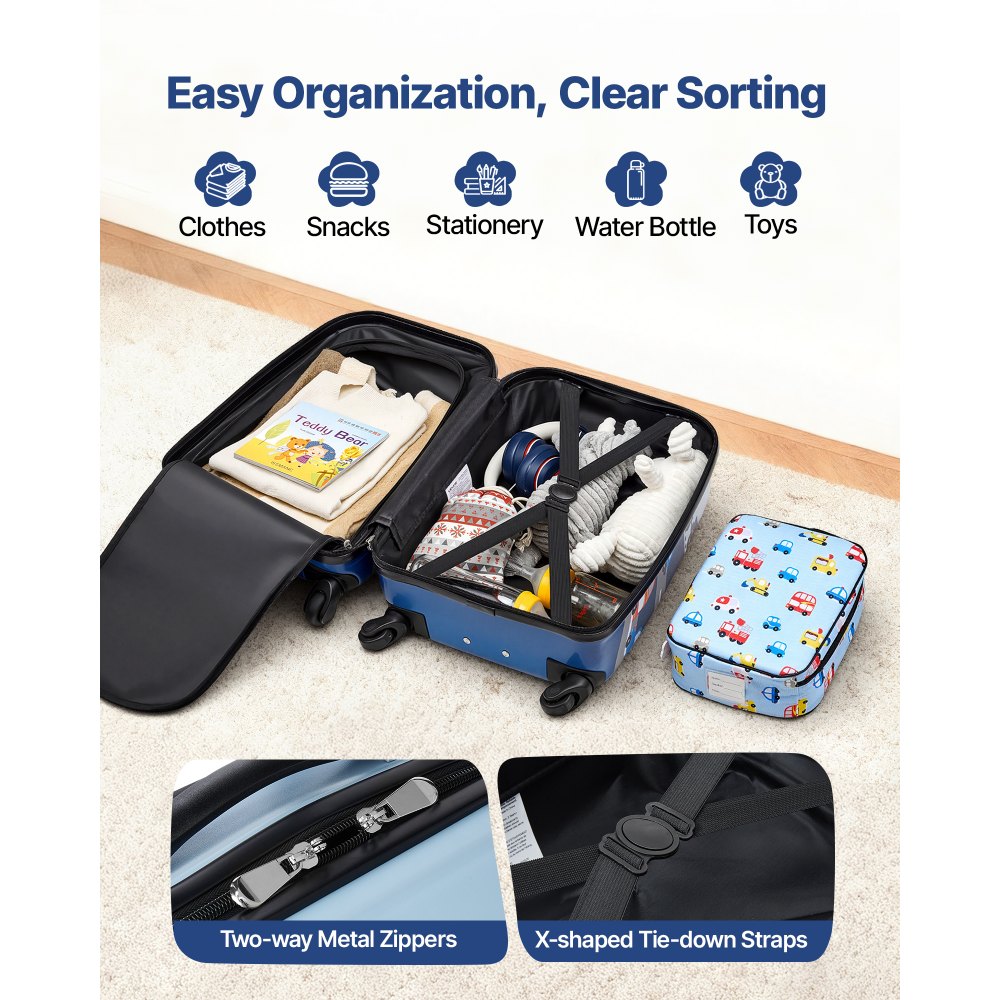 VEVOR 5-delige kofferset voor kinderen, 457,2 mm, harde koffer met trolley, rugzak, nekkussen, lunchbox en bagageaccessoires, bagageset voor jongens en meisjes, praktisch voor reizen, vliegen (auto).