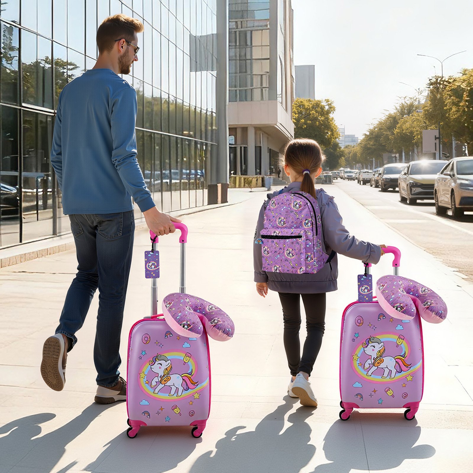 VEVOR 5-delige kofferset voor kinderen, 457,2 mm, harde koffer met trolley, rugzak, nekkussen, lunchbox en bagageaccessoires, bagageset voor jongens en meisjes, praktisch voor reizen en vliegen (Eenhoorn)