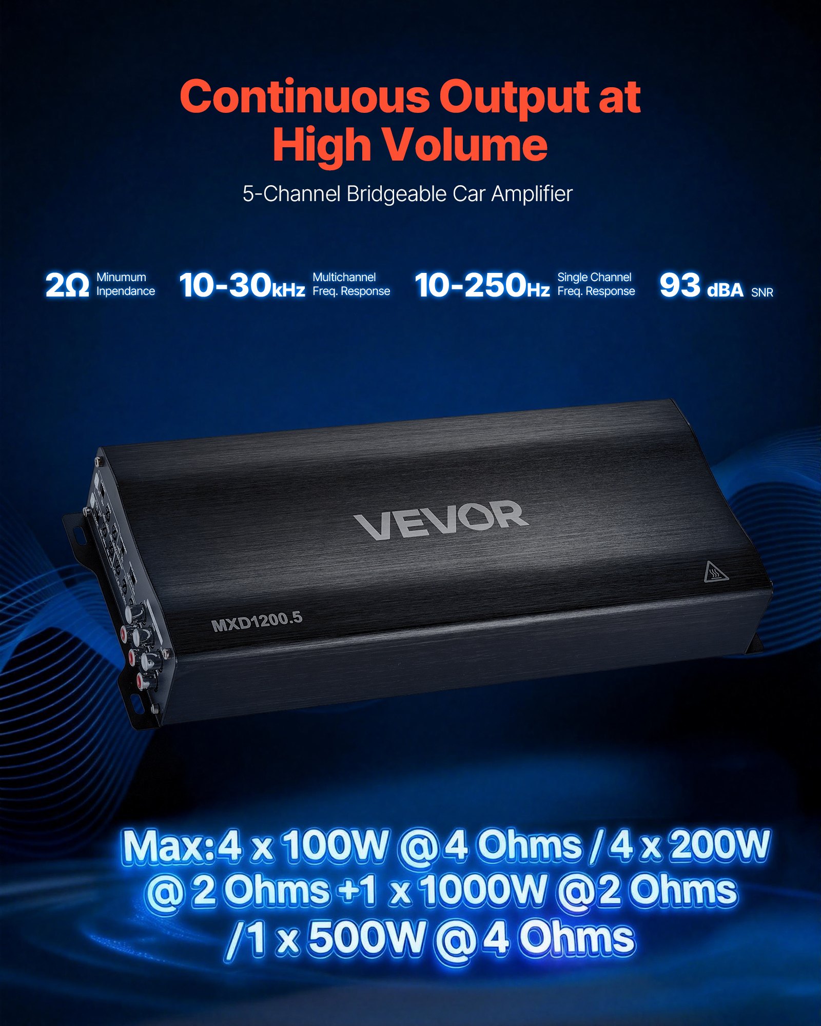 VEVOR 5-kanaals auto-versterker, klasse D brugversterker, max. 4 x 100 W bij 4 ohm / 4 x 200 W bij 2 ohm + 1 x 1000 W bij 2 ohm / 1 x 500 W bij 4 ohm, krachtige auto-versterker
