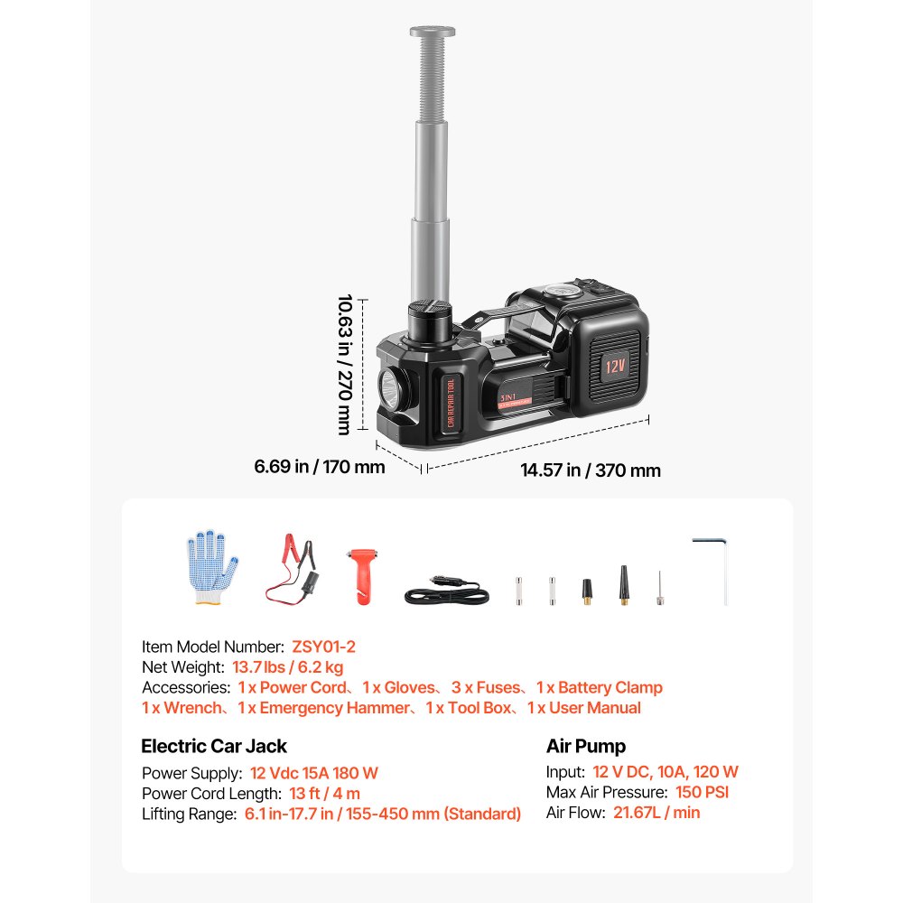 VEVOR elektrische hydraulische krik 5 ton met geïntegreerde luchtpomp, zwart, voor pick-ups, SUV's en sedans, hefhoogte 155–450 mm, bandenwisselgereedschap met afstandsbediening, veiligheidshamer en LED-verlichting