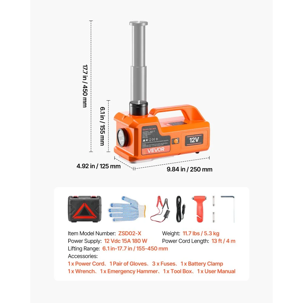 VEVOR elektrische hydraulische krik met hefvermogen 5 ton, 12 V, oranje. Geschikt voor pick-ups, SUV's en sedans. Hefhoogte 155-450 mm. Inclusief veiligheidshamer, gereedschapskist en LED-verlichting.