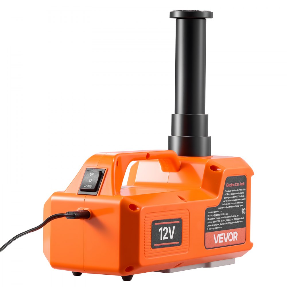 VEVOR elektrische hydraulische krik met hefvermogen 5 ton, 12 V, oranje. Geschikt voor pick-ups, SUV's en sedans. Hefhoogte 155-450 mm. Inclusief veiligheidshamer, gereedschapskist en LED-verlichting.